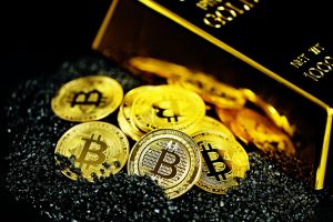 Cryptocurrency with gold bar on the side