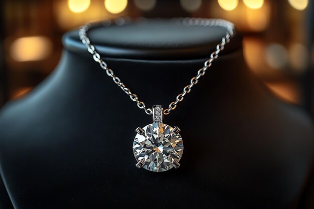 Close-up of a diamond pendant necklace on a black display with warm blurred lights in the background.