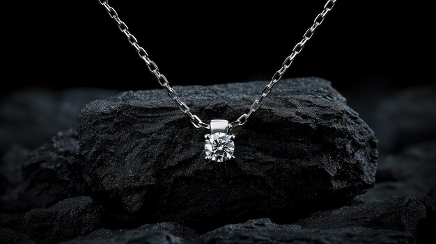 Close-up of a silver chain necklace featuring a single round diamond pendant resting on a dark rock background.