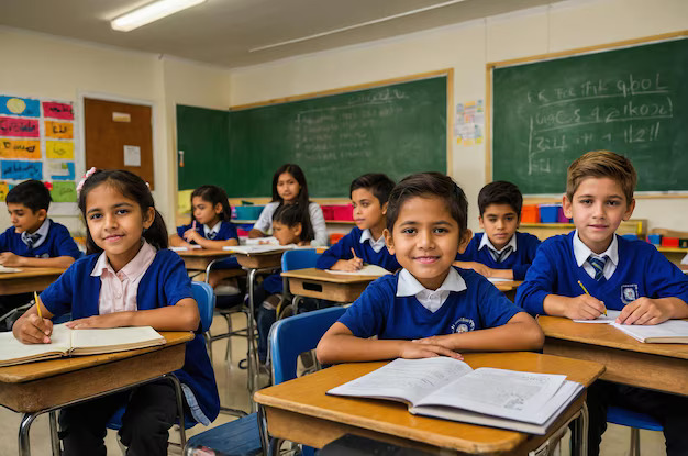Classroom of young students in blue uniforms sitting at desks, writing in notebooks, with teacher boards in the background. 