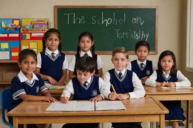 Group of primary school children in uniform sitting at desks, smiling and writing, with a chalkboard behind them.